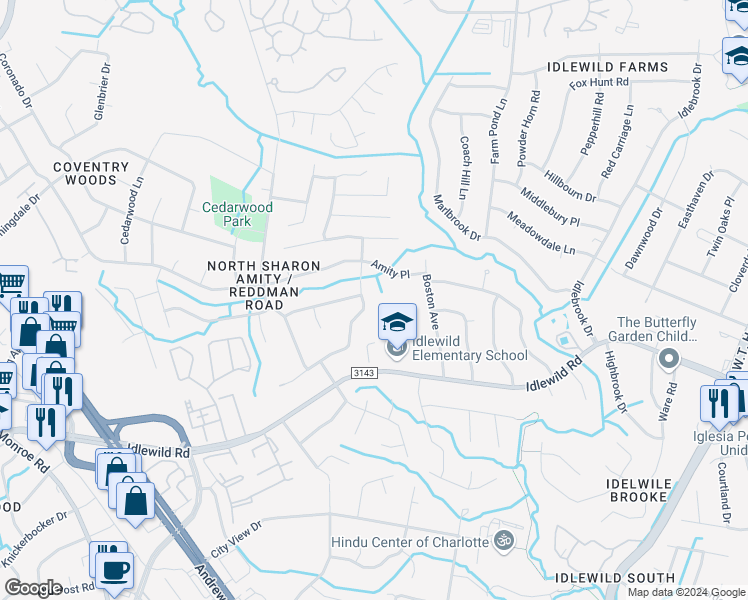 map of restaurants, bars, coffee shops, grocery stores, and more near 6840 Elm Forest Drive in Charlotte