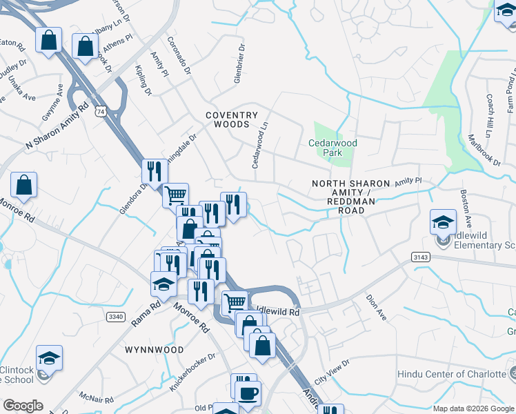 map of restaurants, bars, coffee shops, grocery stores, and more near in Charlotte