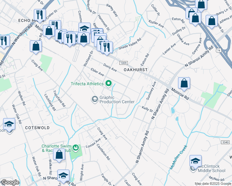 map of restaurants, bars, coffee shops, grocery stores, and more near 5038 Silabert Avenue in Charlotte