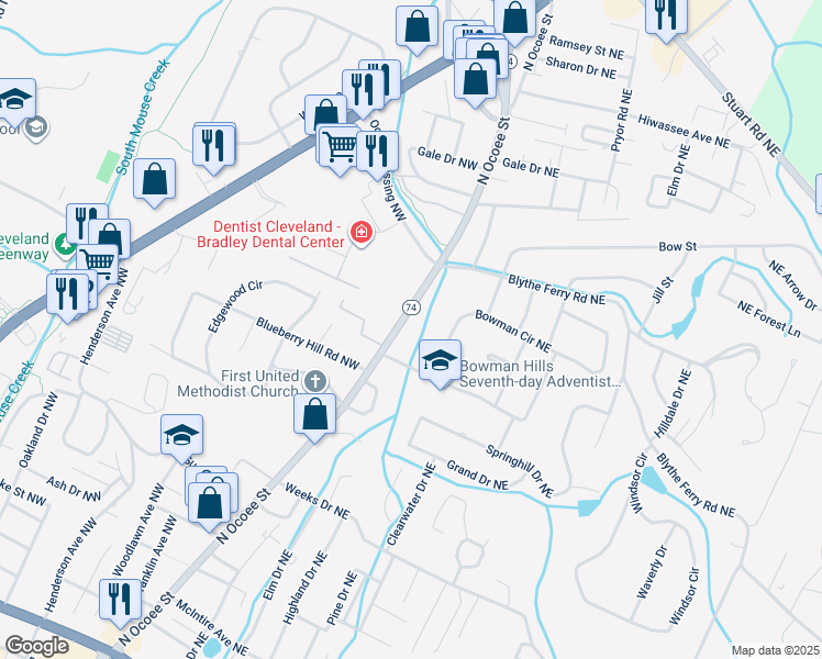 map of restaurants, bars, coffee shops, grocery stores, and more near 3600 North Ocoee Street in Cleveland