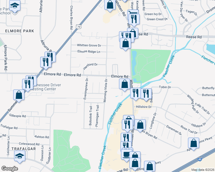 map of restaurants, bars, coffee shops, grocery stores, and more near 2308 Morning Vista Drive in Memphis