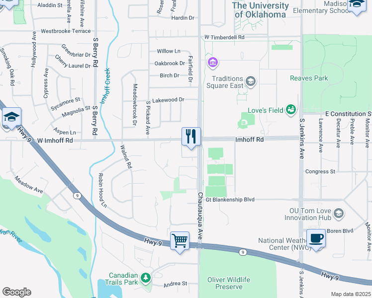 map of restaurants, bars, coffee shops, grocery stores, and more near 2900 Chautauqua Avenue in Norman