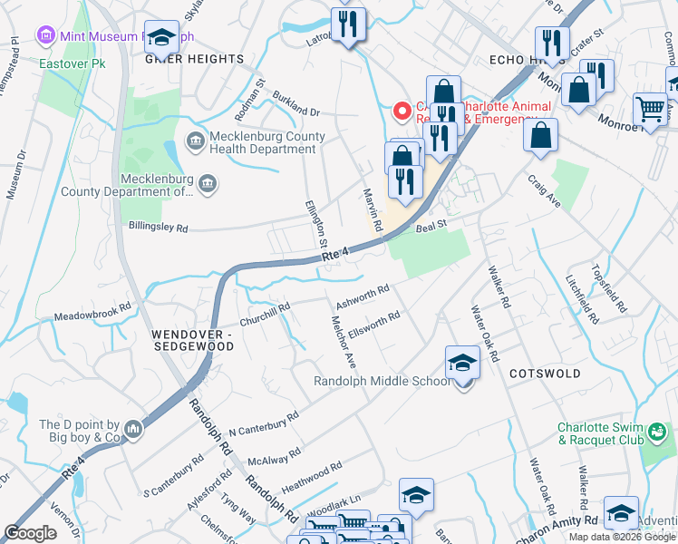 map of restaurants, bars, coffee shops, grocery stores, and more near 632 North Wendover Road in Charlotte