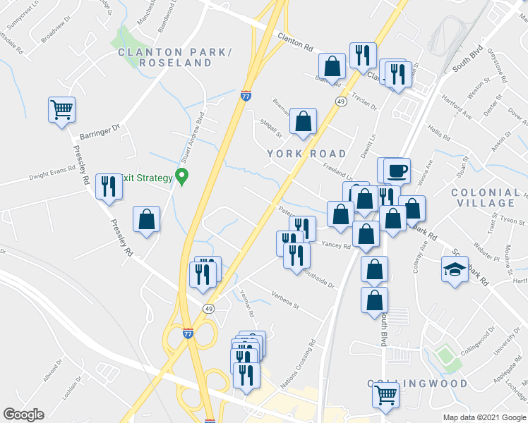 map of restaurants, bars, coffee shops, grocery stores, and more near 4214 South Tryon Street in Charlotte