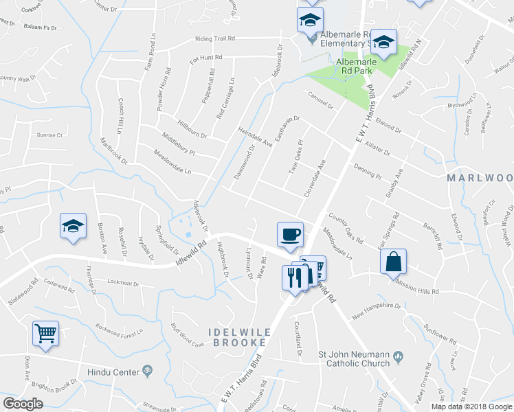 map of restaurants, bars, coffee shops, grocery stores, and more near 7812 Meadowdale Lane in Charlotte