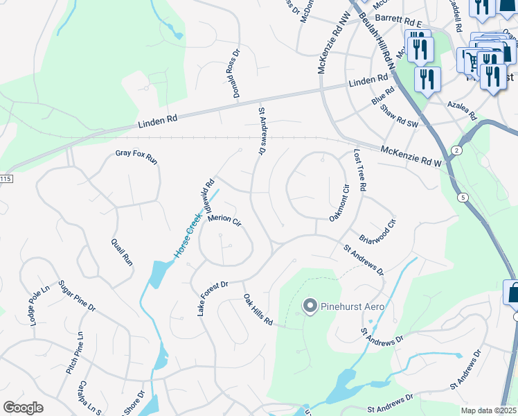 map of restaurants, bars, coffee shops, grocery stores, and more near 160 Saint Andrews Drive in Pinehurst
