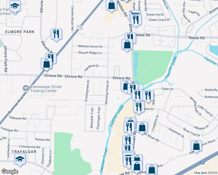 map of restaurants, bars, coffee shops, grocery stores, and more near 2308 Morning Vista Drive in Memphis