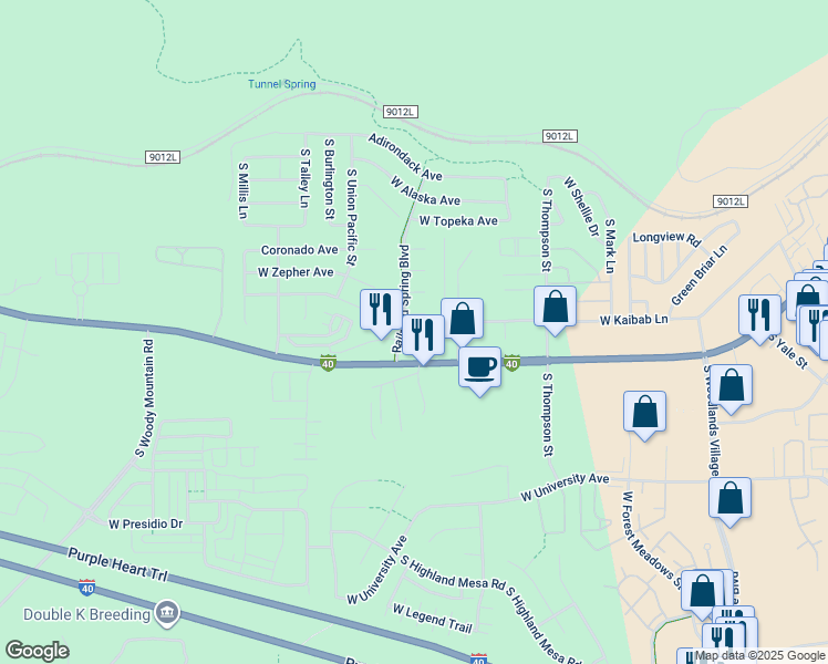 map of restaurants, bars, coffee shops, grocery stores, and more near 1750 Railroad Spring Boulevard in Flagstaff