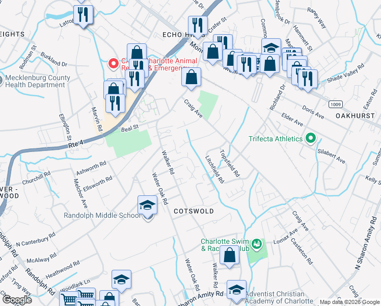 map of restaurants, bars, coffee shops, grocery stores, and more near in Charlotte