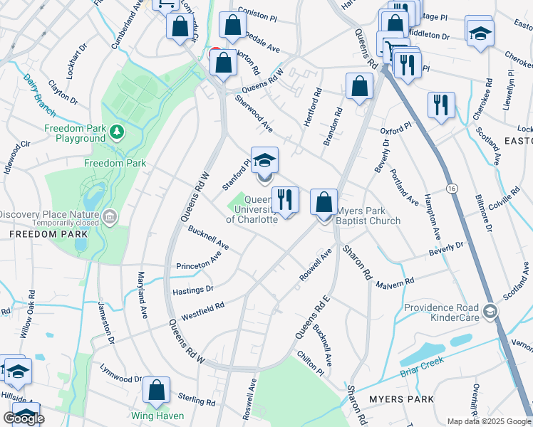 map of restaurants, bars, coffee shops, grocery stores, and more near in Charlotte