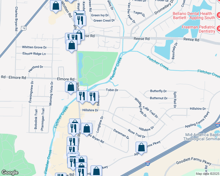 map of restaurants, bars, coffee shops, grocery stores, and more near 6950 Tobin Dr in Memphis