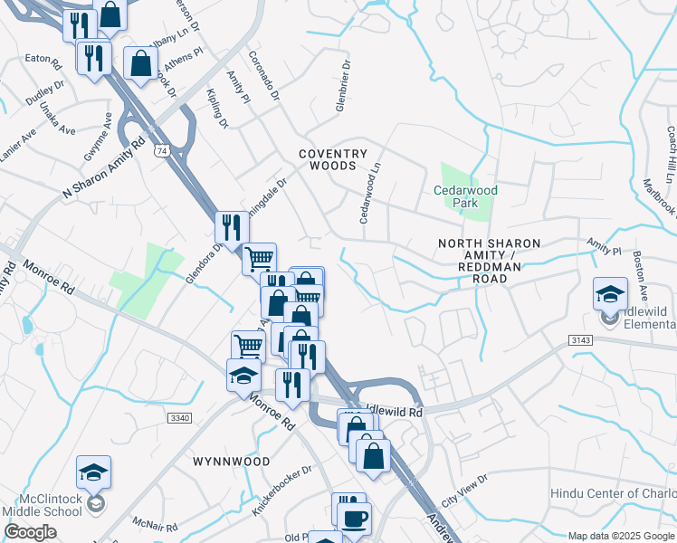 map of restaurants, bars, coffee shops, grocery stores, and more near 1630 Joseph Hewes Court in Charlotte