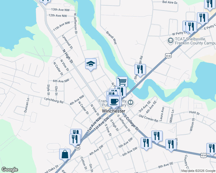 map of restaurants, bars, coffee shops, grocery stores, and more near 101 3rd Avenue Northeast in Winchester