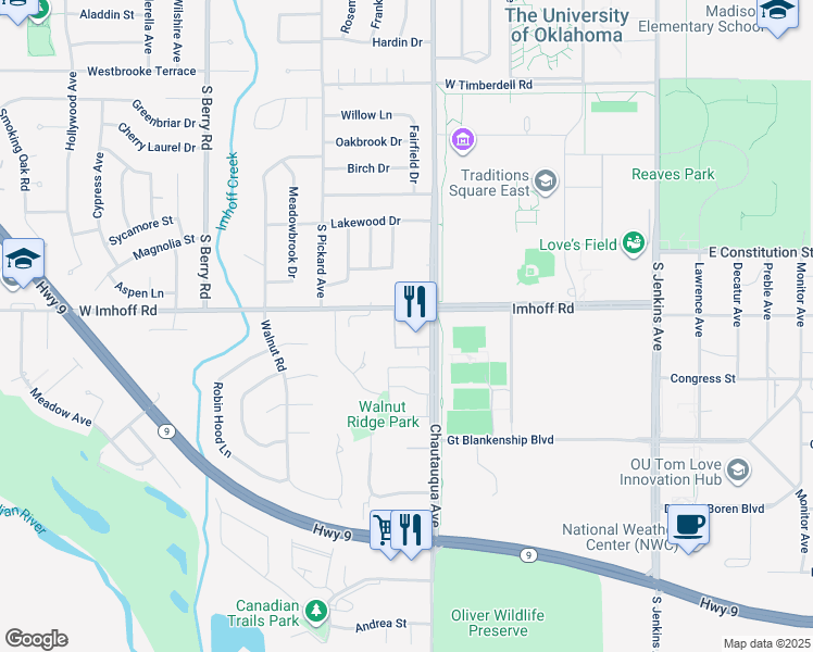 map of restaurants, bars, coffee shops, grocery stores, and more near 2850 Chautauqua Avenue in Norman