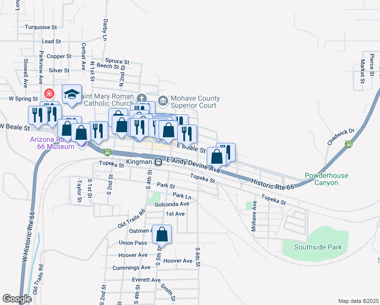 map of restaurants, bars, coffee shops, grocery stores, and more near 525-599 E Andy Devine Ave in Kingman