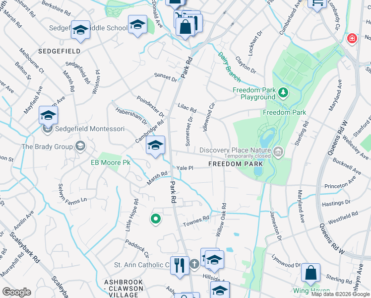 map of restaurants, bars, coffee shops, grocery stores, and more near 1132 Princeton Avenue in Charlotte