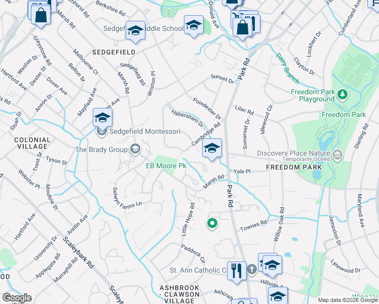 map of restaurants, bars, coffee shops, grocery stores, and more near 1120 Guilford Road in Charlotte
