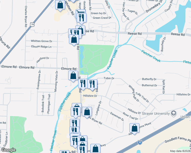 map of restaurants, bars, coffee shops, grocery stores, and more near 2309 Belin Drive in Memphis