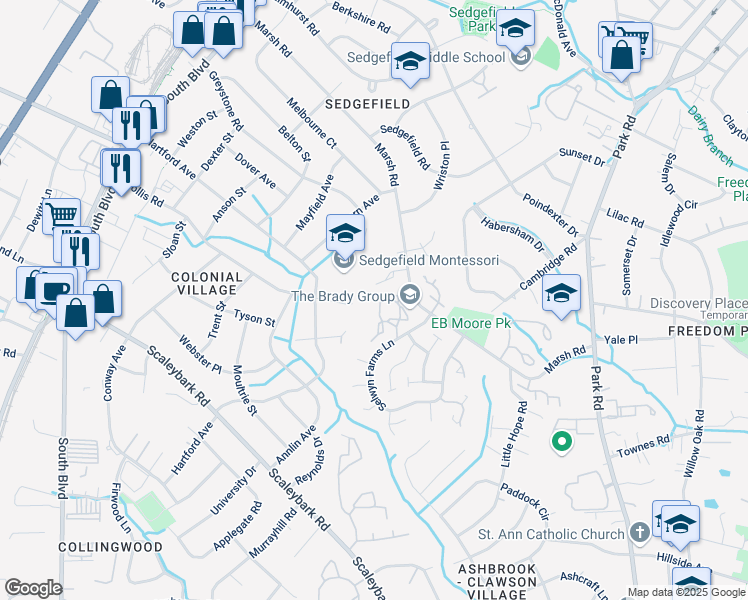 map of restaurants, bars, coffee shops, grocery stores, and more near 3220 Selwyn Farms Lane in Charlotte