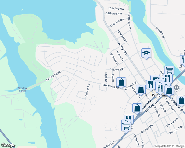 map of restaurants, bars, coffee shops, grocery stores, and more near 101-103 Lynchburg Road in Winchester