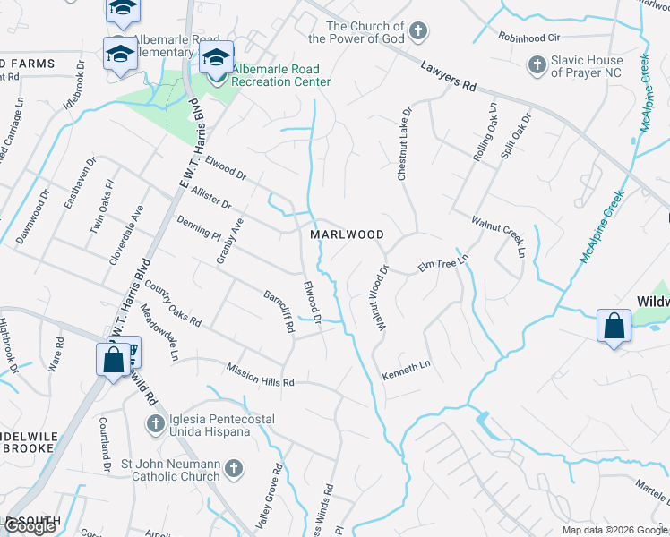 map of restaurants, bars, coffee shops, grocery stores, and more near 7635 Walnut Wood Drive in Charlotte