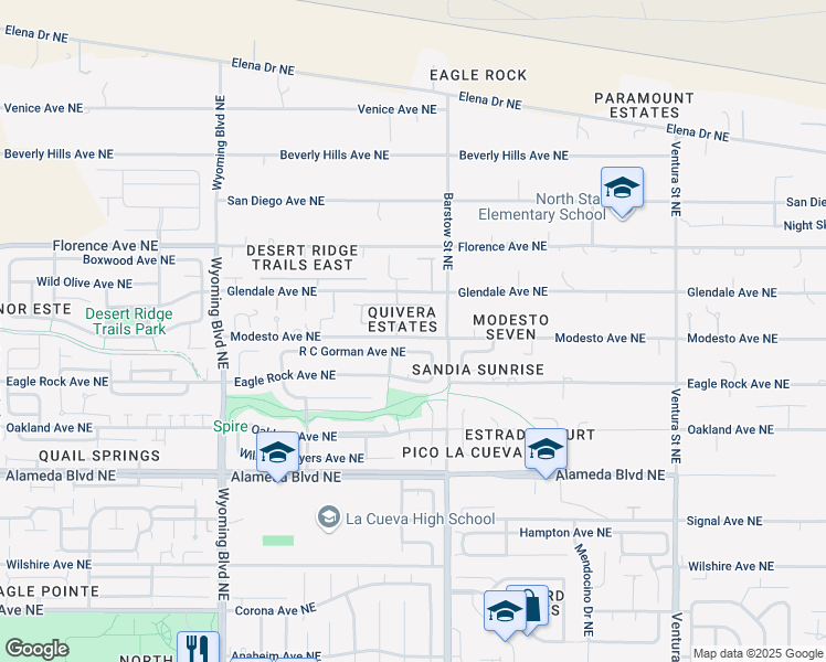 map of restaurants, bars, coffee shops, grocery stores, and more near 8204 Vía Alegre Northeast in Albuquerque