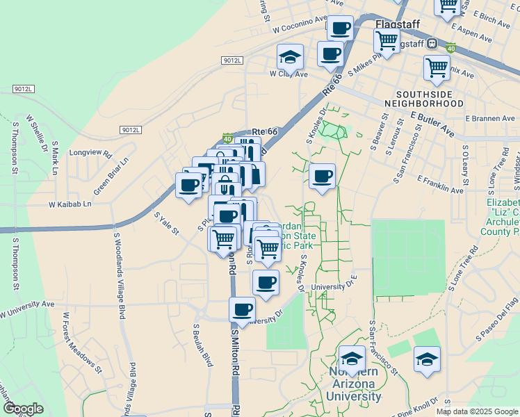 map of restaurants, bars, coffee shops, grocery stores, and more near 1200 South Riordan Ranch Street in Flagstaff