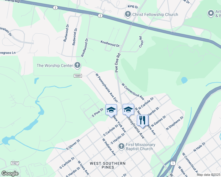 map of restaurants, bars, coffee shops, grocery stores, and more near 1485 West Pennsylvania Avenue in Southern Pines