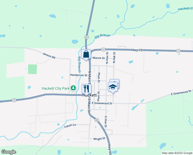 map of restaurants, bars, coffee shops, grocery stores, and more near 105 Texas Street in Hackett