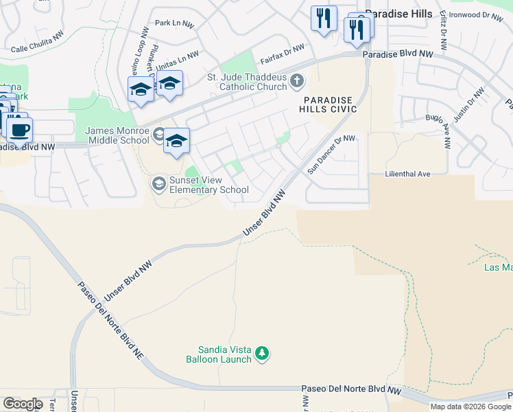 map of restaurants, bars, coffee shops, grocery stores, and more near 6012 Boulder Canyon Road Northwest in Albuquerque