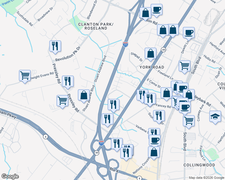 map of restaurants, bars, coffee shops, grocery stores, and more near 221 Orchard Circle in Charlotte