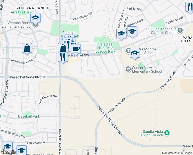 map of restaurants, bars, coffee shops, grocery stores, and more near 6300 Orfeo Trail Northwest in Albuquerque