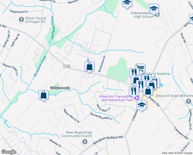map of restaurants, bars, coffee shops, grocery stores, and more near 8700 Lawyers Road in Charlotte
