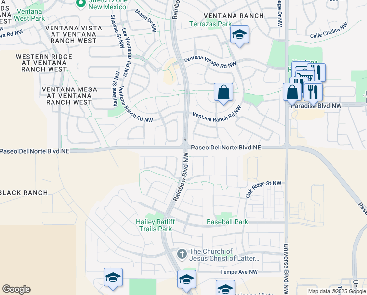 map of restaurants, bars, coffee shops, grocery stores, and more near Rainbow Blvd NW & Paseo Del Norte NW in Albuquerque