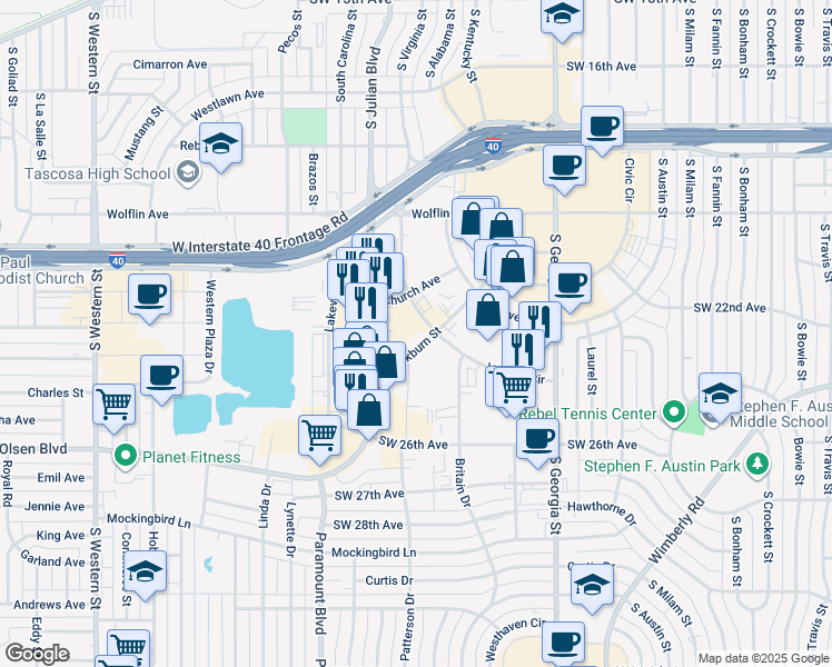 map of restaurants, bars, coffee shops, grocery stores, and more near 3001-3099 Blackburn Street in Amarillo
