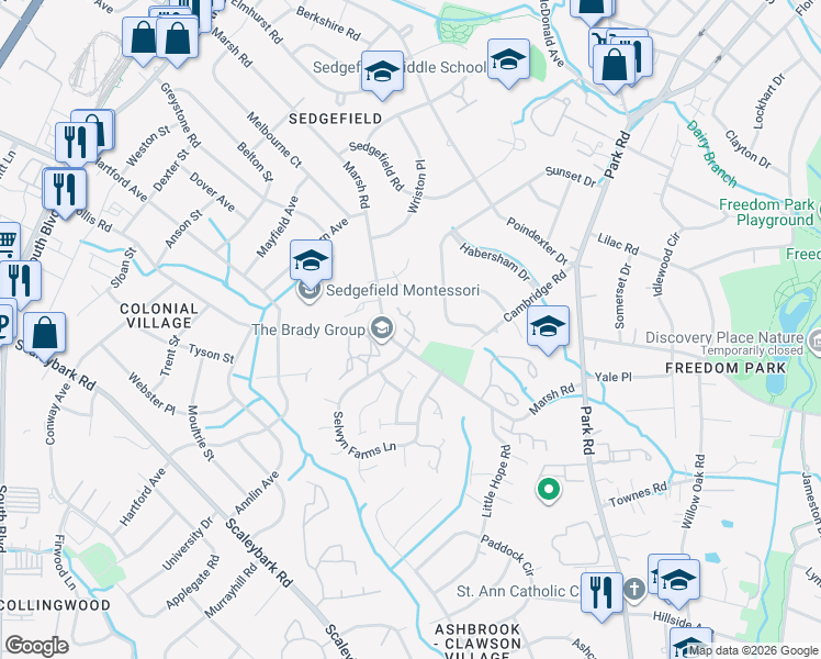 map of restaurants, bars, coffee shops, grocery stores, and more near 3204 Selwyn Farms Lane in Charlotte