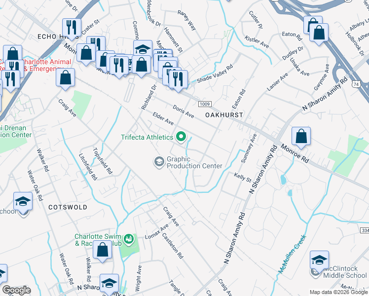 map of restaurants, bars, coffee shops, grocery stores, and more near 4924 Silabert Avenue in Charlotte