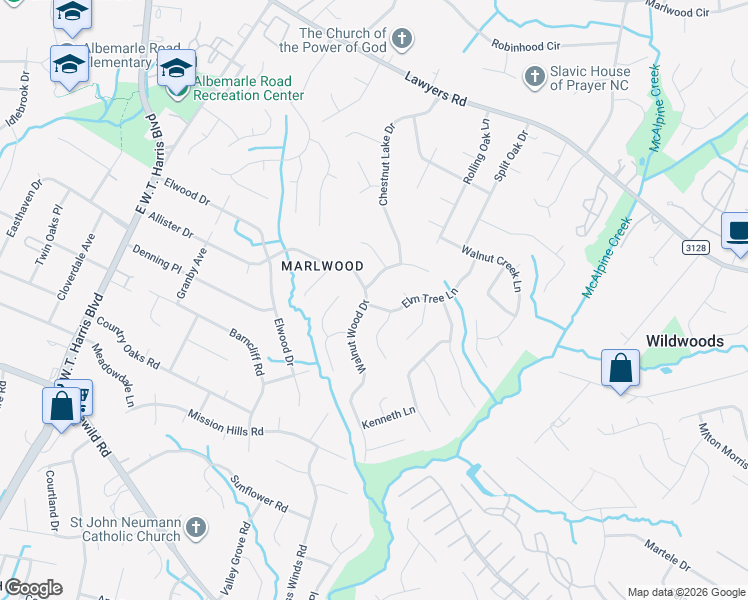 map of restaurants, bars, coffee shops, grocery stores, and more near 7601 Elm Tree Lane in Charlotte