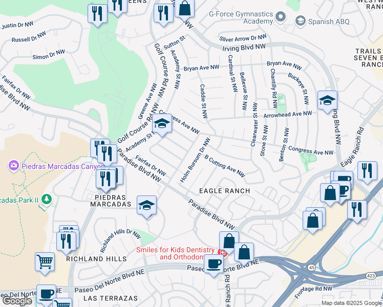 map of restaurants, bars, coffee shops, grocery stores, and more near 9312 Holm Bursum Drive Northwest in Albuquerque