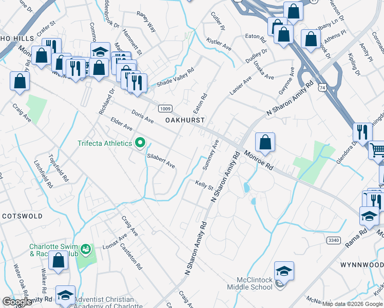 map of restaurants, bars, coffee shops, grocery stores, and more near in Charlotte