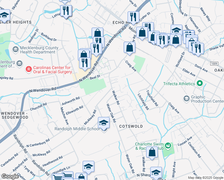 map of restaurants, bars, coffee shops, grocery stores, and more near 4124 Walker Road in Charlotte