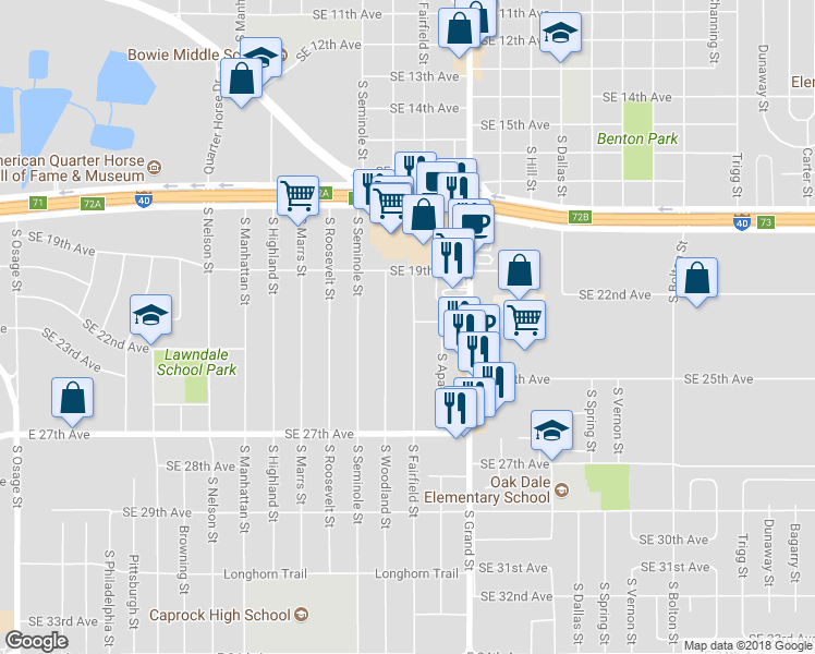 map of restaurants, bars, coffee shops, grocery stores, and more near 2100 South Fairfield Street in Amarillo