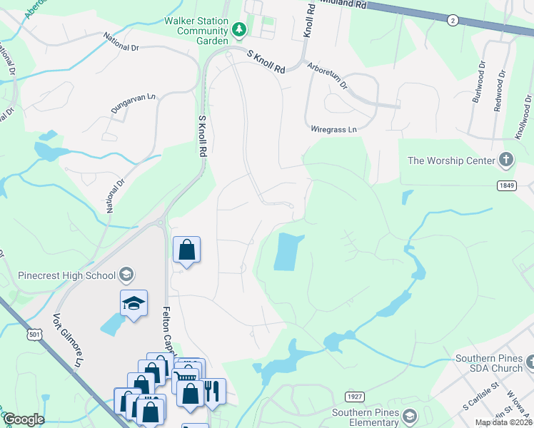 map of restaurants, bars, coffee shops, grocery stores, and more near 17 Masters Ridge Place in Southern Pines