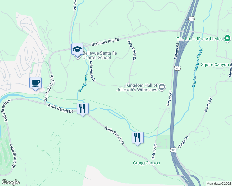 map of restaurants, bars, coffee shops, grocery stores, and more near 6775 Avila Valley Drive in San Luis Obispo