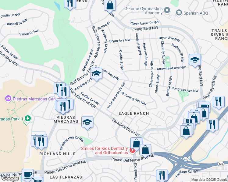 map of restaurants, bars, coffee shops, grocery stores, and more near 9312 Holm Bursum Drive Northwest in Albuquerque
