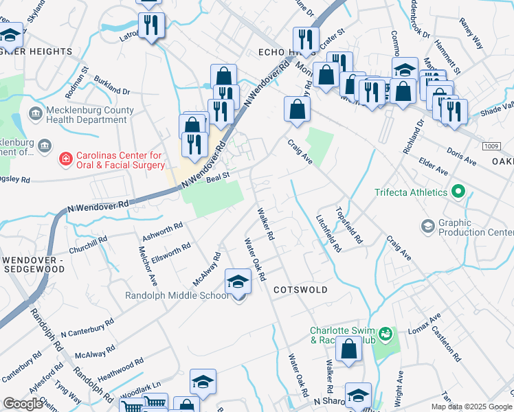 map of restaurants, bars, coffee shops, grocery stores, and more near 4124 Walker Road in Charlotte