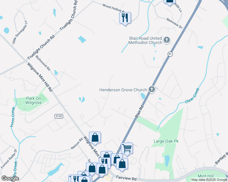 map of restaurants, bars, coffee shops, grocery stores, and more near 8547 Blair Road in Mint Hill
