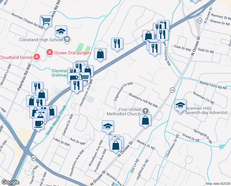 map of restaurants, bars, coffee shops, grocery stores, and more near 3445 Edgewood Circle Northwest in Cleveland