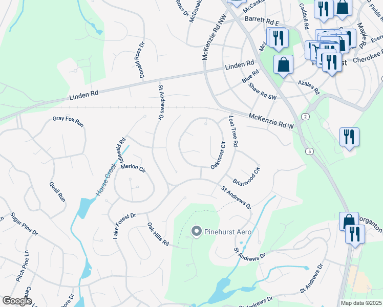 map of restaurants, bars, coffee shops, grocery stores, and more near 2 Wilshire Lane in Pinehurst