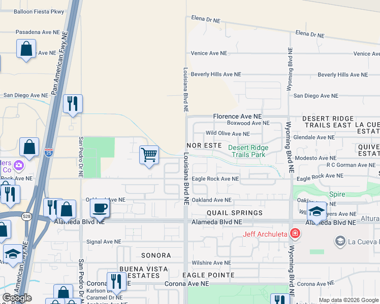 map of restaurants, bars, coffee shops, grocery stores, and more near 9028 Pumice Street Northeast in Albuquerque
